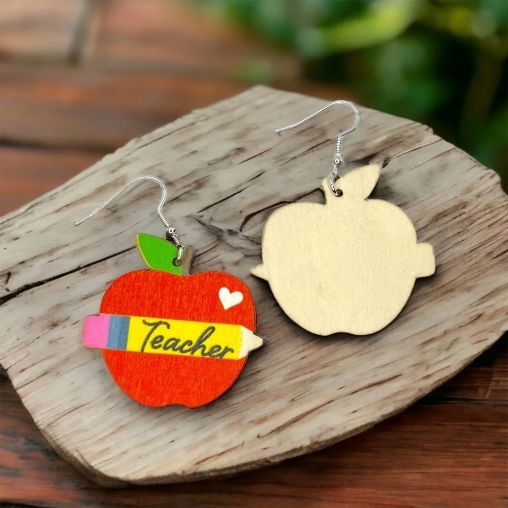 Teacher Apple & Pencil Wooden Earrings Back to School NWT